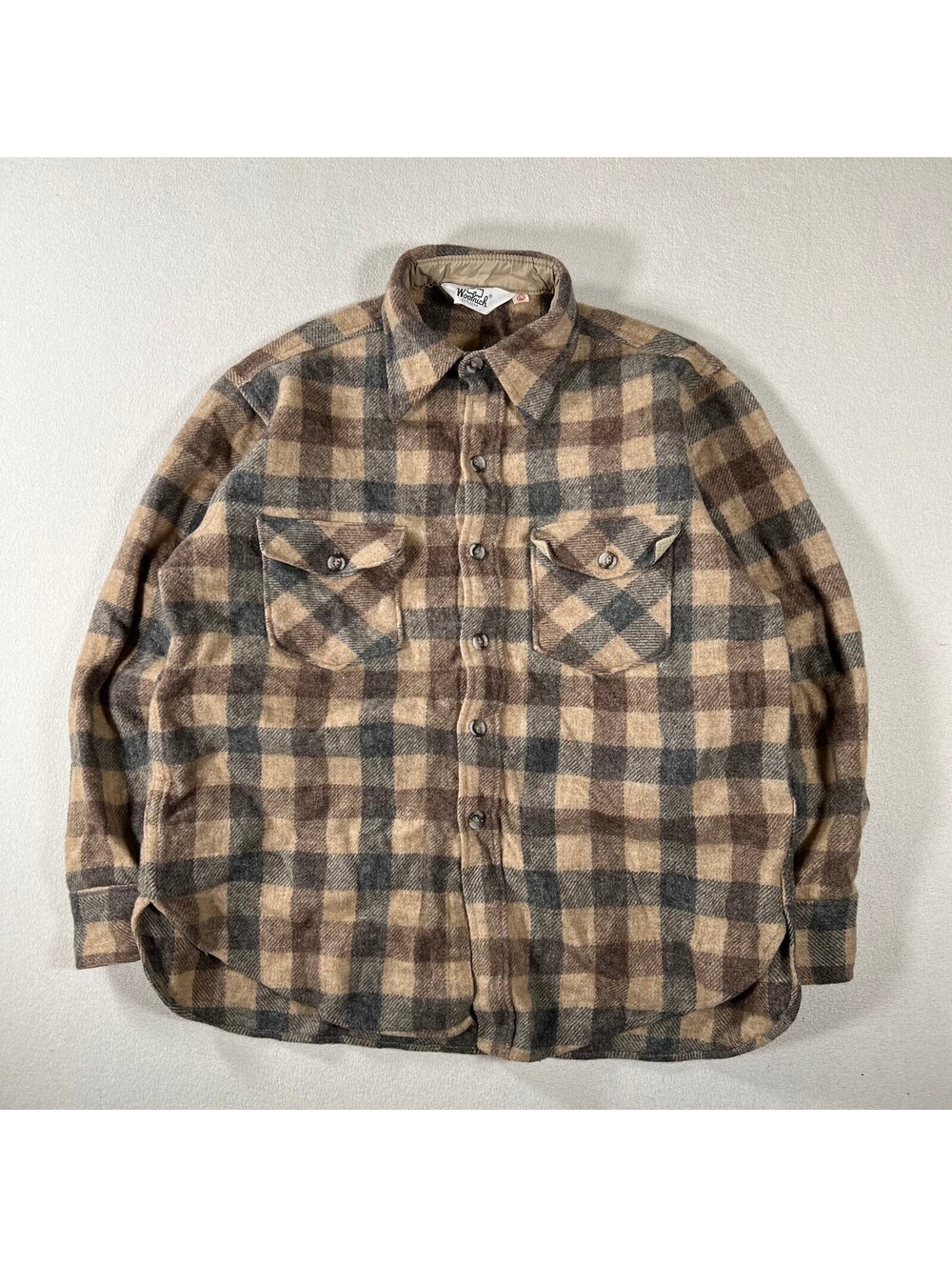Vintage Woolrich Brown and Gray Plaid Wool Button-Up Shirt Jacket Large